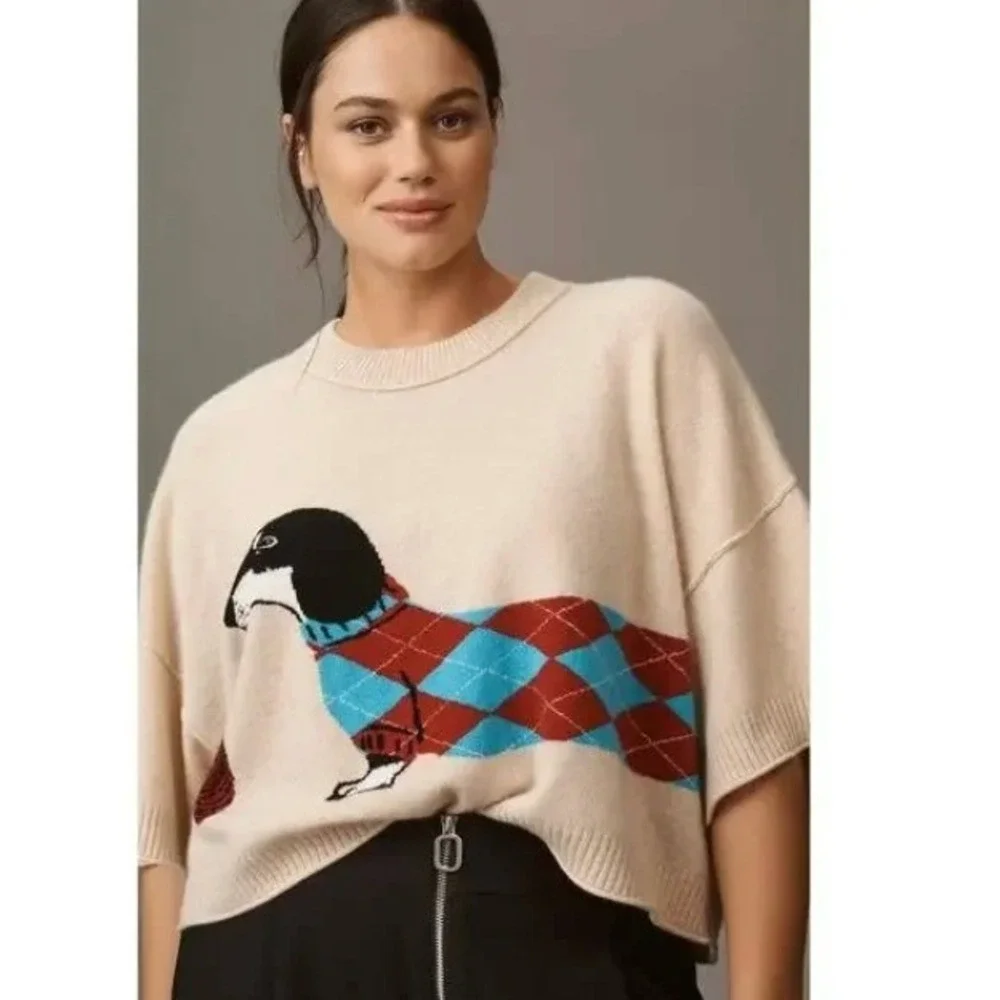 Anthropologie Dachshund Dog Cashmere Knit Sweater Beige NWT - Picture 8 of 15